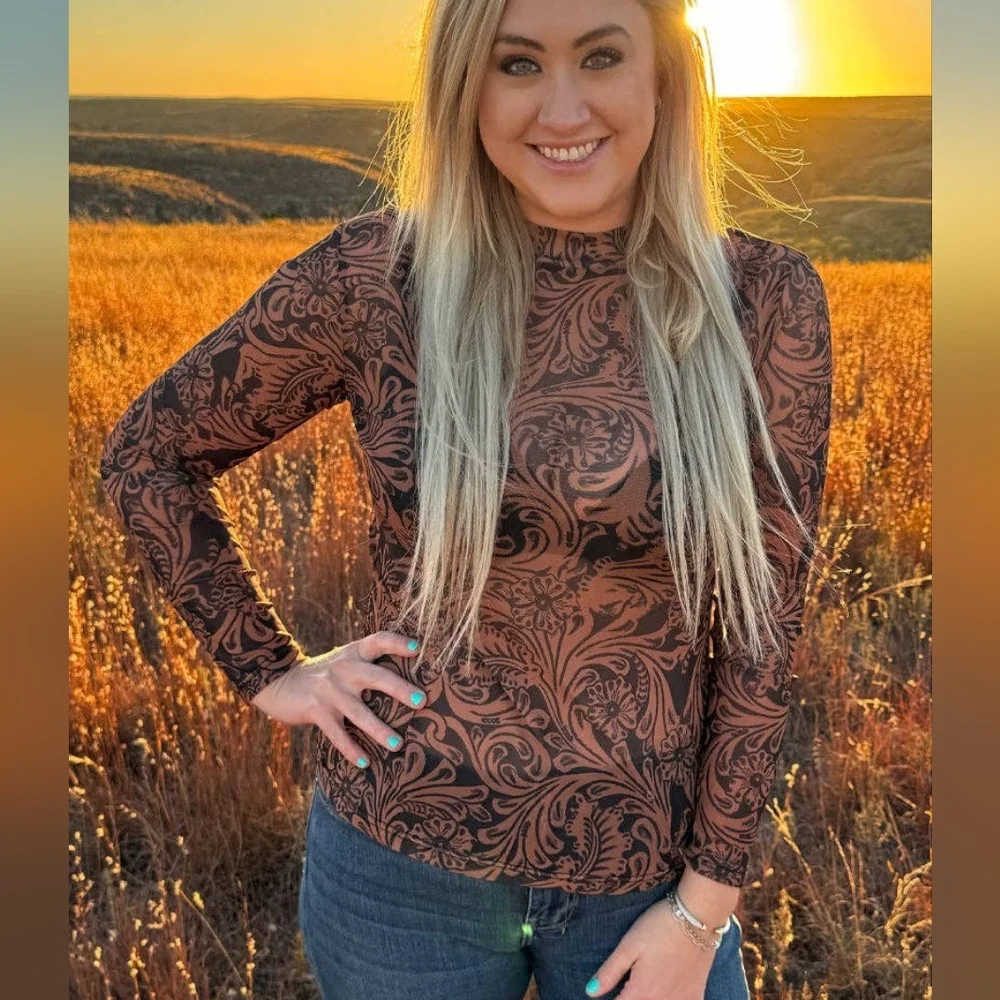 NWT Brown Country Road Leather Mesh Top